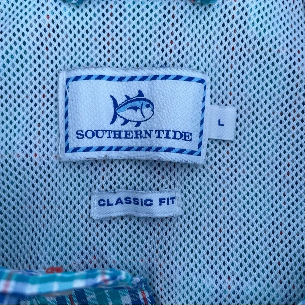 Southern Tide Red Drum Plaid Fishing Shirt Roll Tab Long Sleeve Sz L Atlas Green - Picture 12 of 13